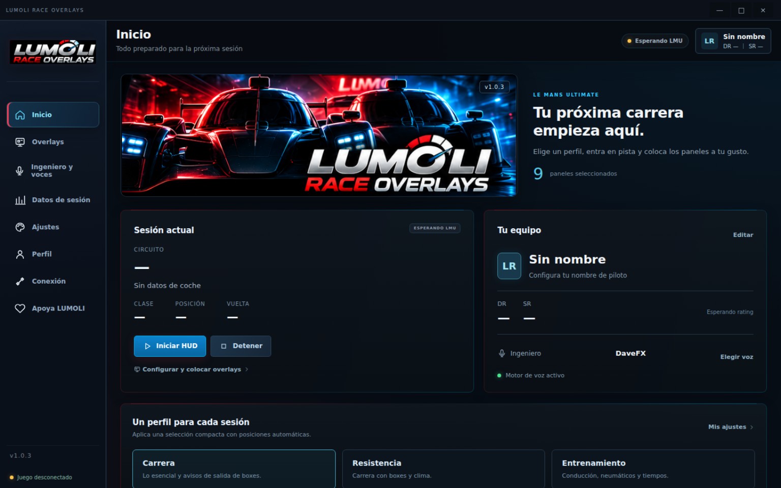 Pantalla principal de LUMOLI RACE con perfiles de sesión